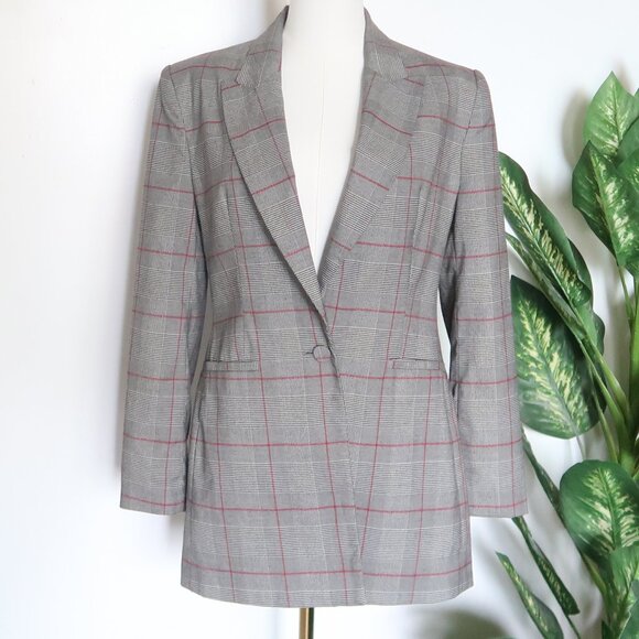 Zara Gray Plaid Checkered Single-breasted Blazer Red Windowpane Classic Office M - Picture 3 of 14
